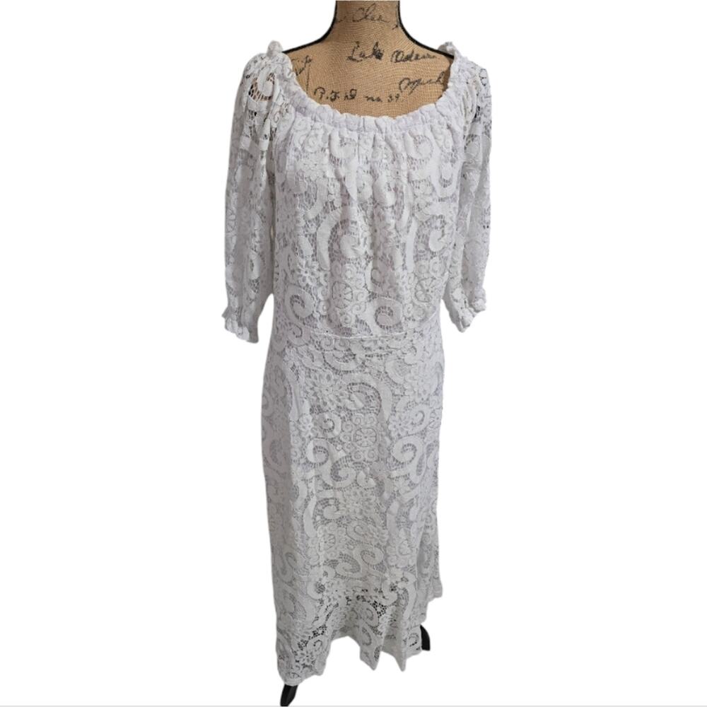 Nanette Lepore Off Shoulder Leave Overlay‎ White Wedding Beach Dress Size 14 New - Picture 2 of 8